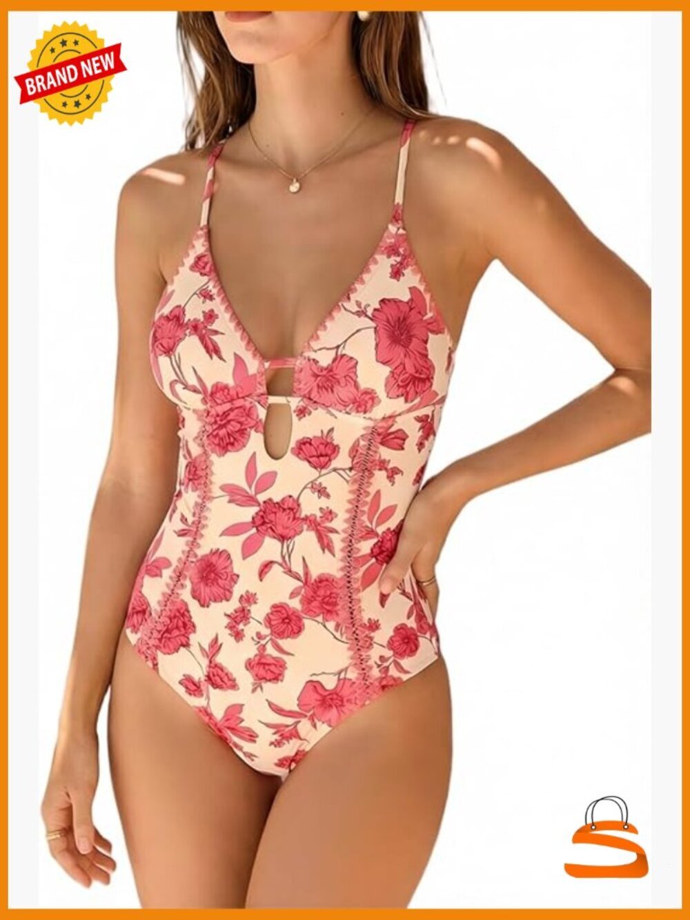 Plunging V Neck One Piece Swimsuit with Cutouts and Shell Stitch